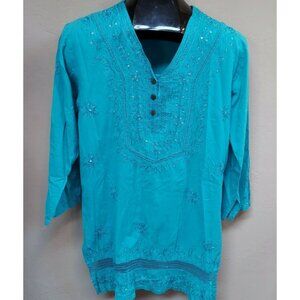 Double Decker Womens Floral Embroidered Tunic Top 3/4 Sleeve Turquoise One Size